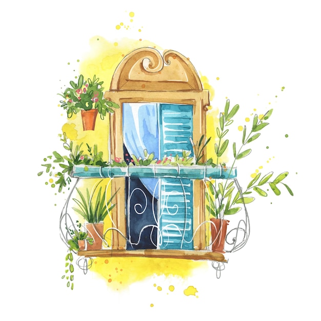 Whimsical Watercolor Window with Potted Plants and Vines | Jiffy Designs