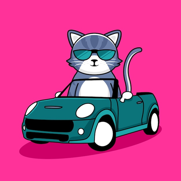 Stylish Cat Driving a Vibrant Teal Convertible Car | Jiffy Designs