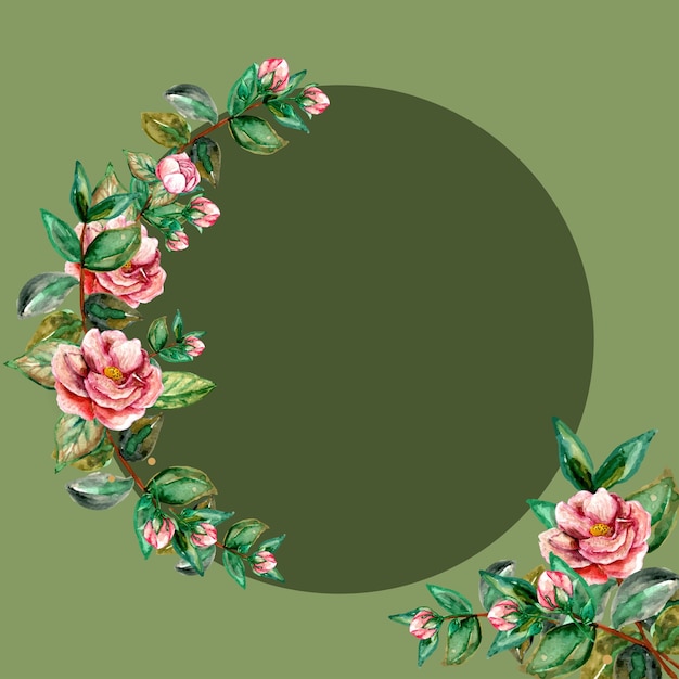 Elegant Floral Circle Frame with Pink Roses and Green Leaves | Jiffy ...