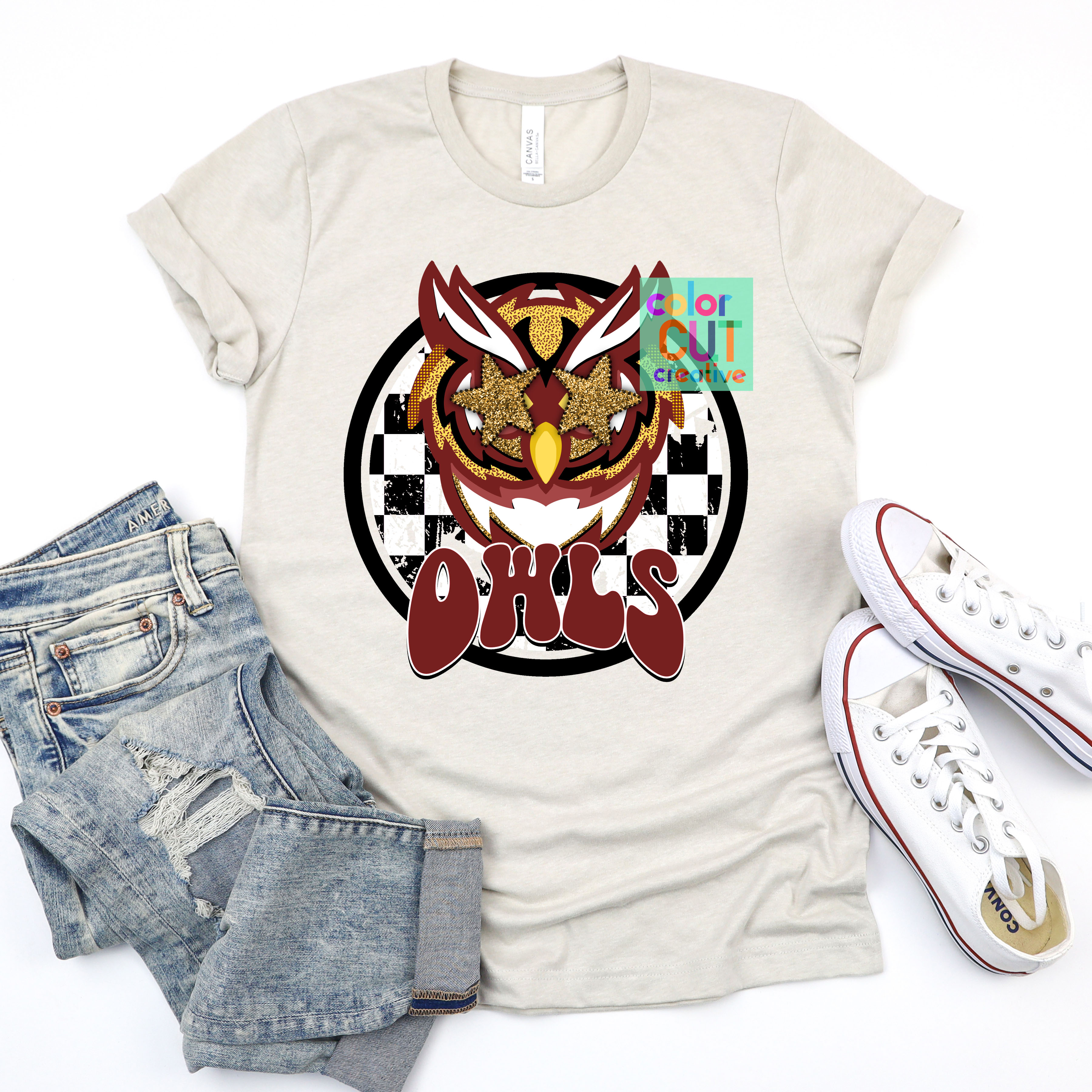 'Owls' Fierce Avian Mascot with Checkered Racing Flair | Jiffy Designs