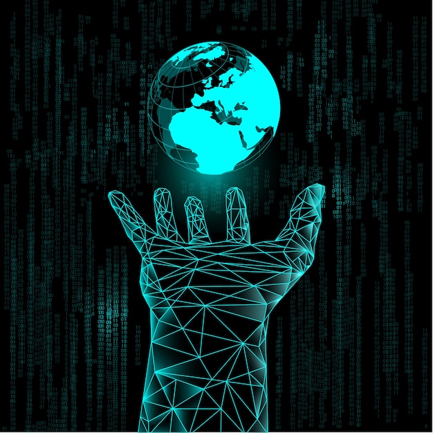 Futuristic Digital World Globe Held in Wireframe Hand | Jiffy Designs