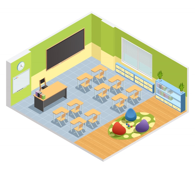 Vibrant Isometric Classroom Illustration with Chalkboard and Student ...