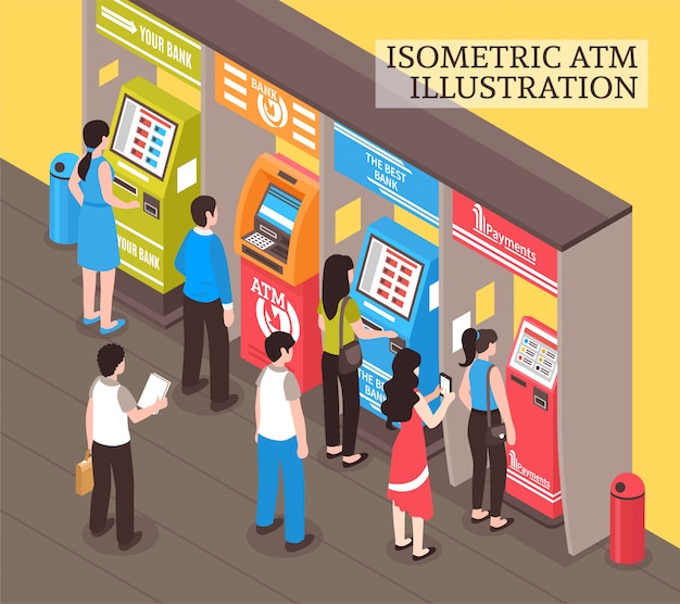 Diverse Crowd Interacting with Isometric ATM Machines | Jiffy Designs