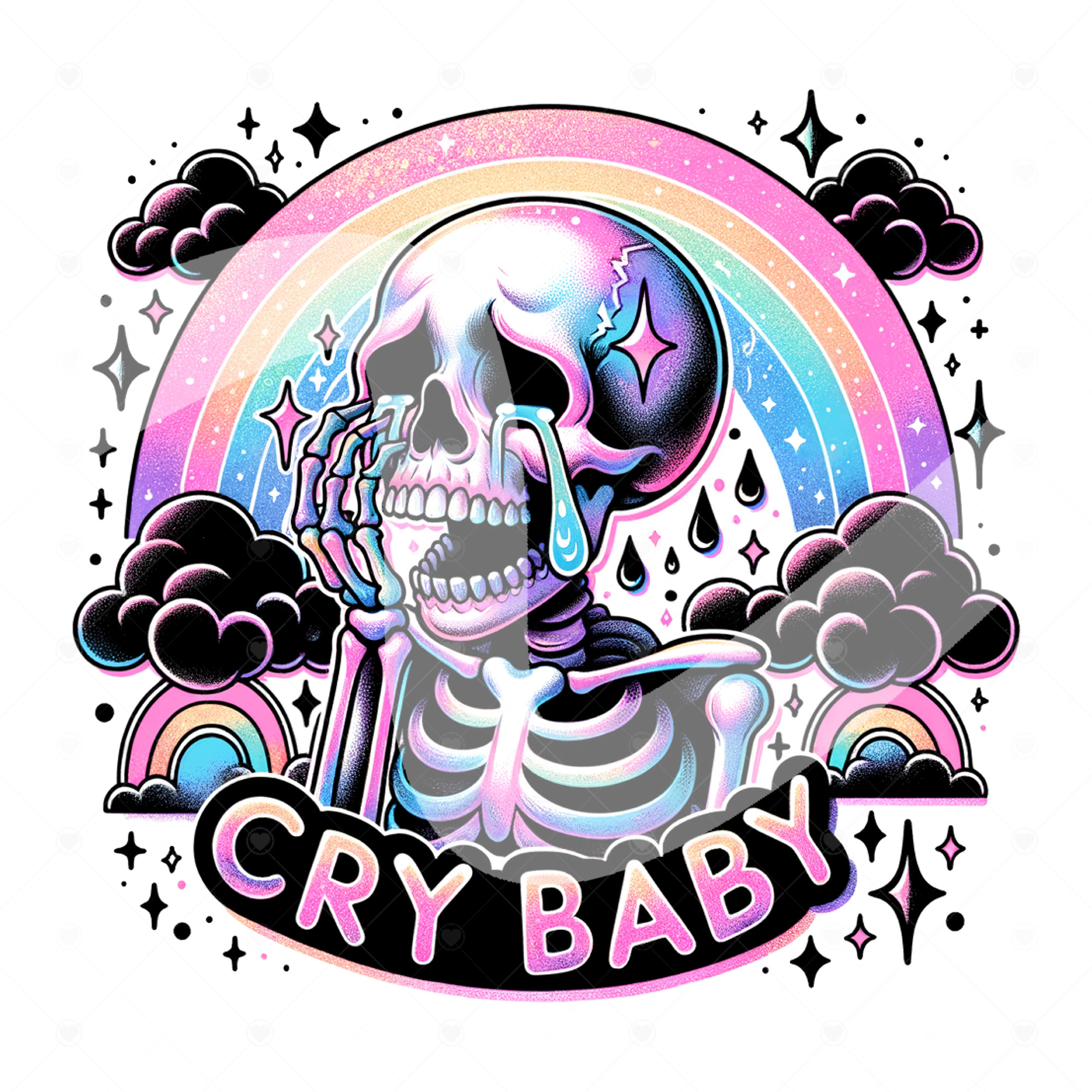 'Cry Baby' Vibrant Skeleton with Rainbow and Clouds | Jiffy Designs