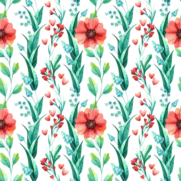 Vibrant Watercolor Floral Pattern with Red Hibiscus Blooms | Jiffy Designs