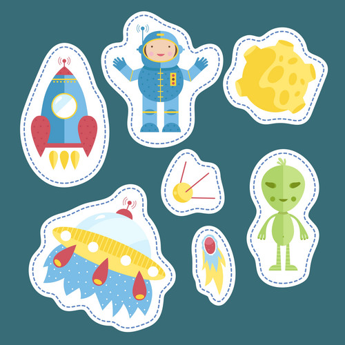 Space Cartoon Stickers. Astronaut, Spaceship. Flying Saucer, Satellite ...