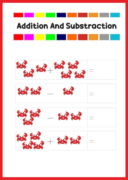 Colorful Addition and Subtraction Math Worksheet with Crab ...