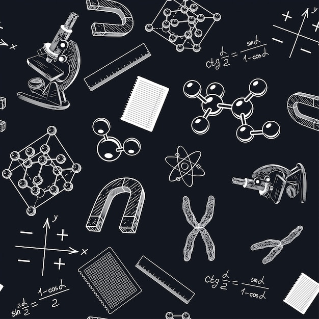 Diverse Scientific Symbols and Instruments on Chalkboard Background ...