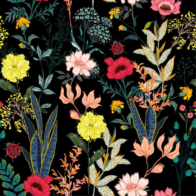 Vibrant Floral Pattern on Black Background with Colorful Flowers ...