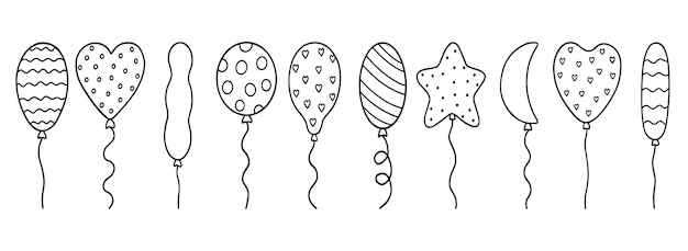 Hand drawn set of balloons doodle Different shapes of balloons in ...