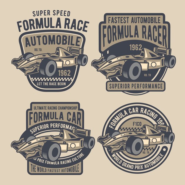 Vintage Formula Race Car Badges with Retro Typography | Jiffy Designs