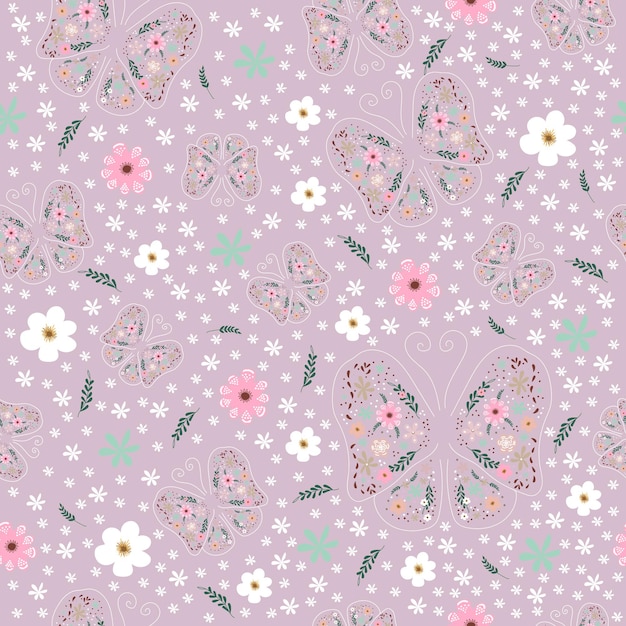 Whimsical Floral and Butterfly Pattern on Soft Lavender Background ...