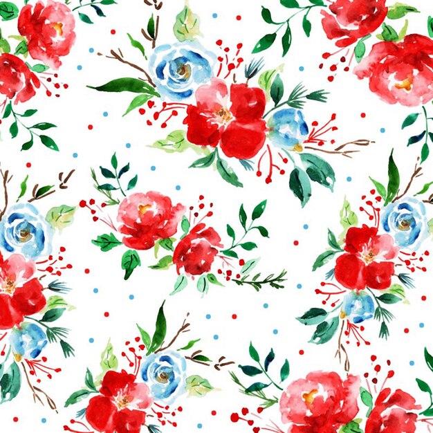 Vibrant Watercolor Floral Pattern with Red and Blue Blooms | Jiffy Designs