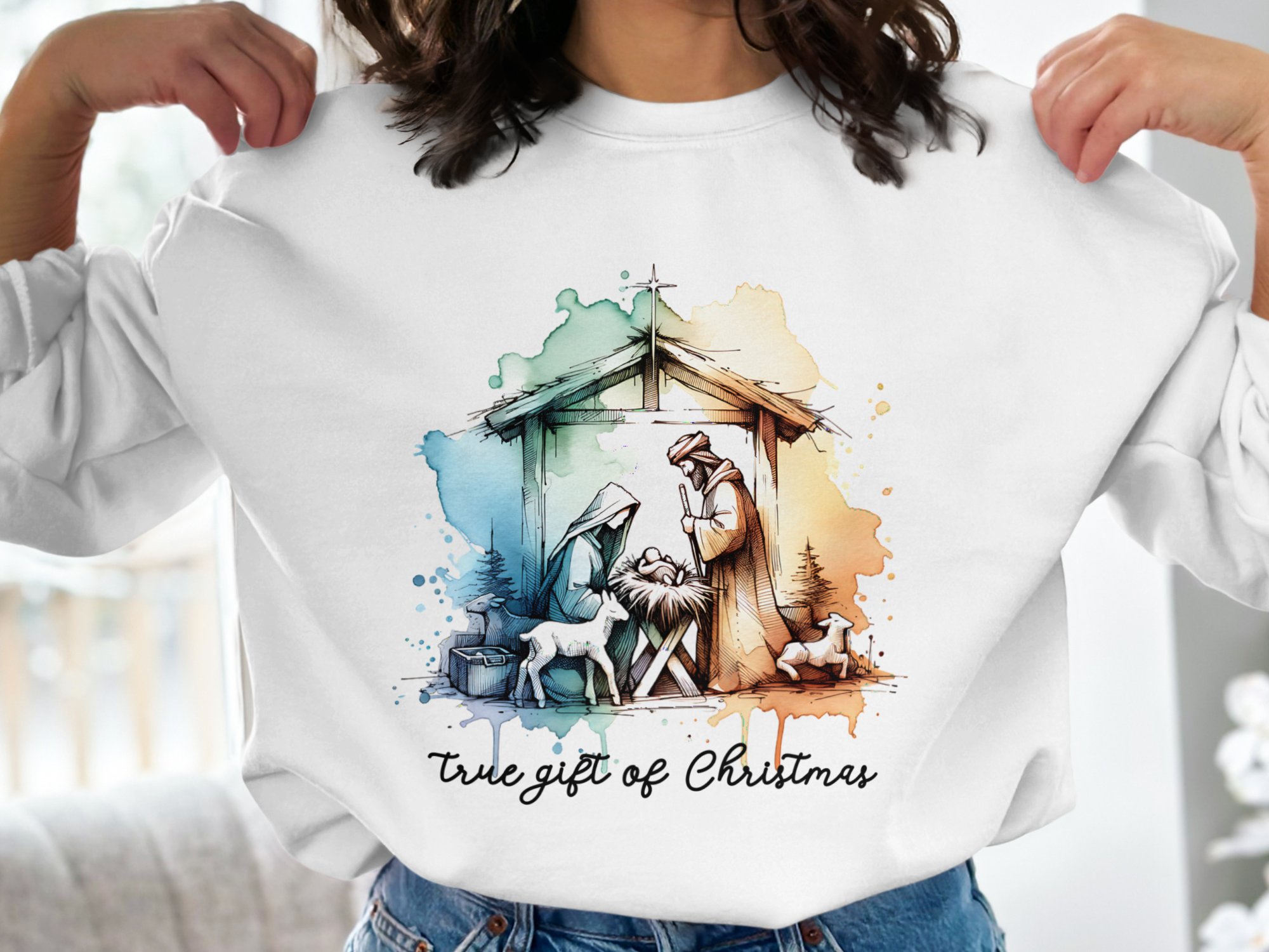 'True Gift of Christmas' Watercolor Nativity Scene with Vibrant