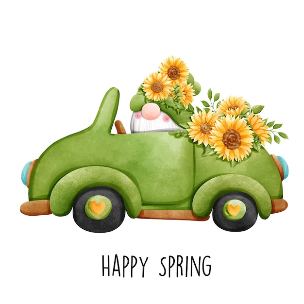 Whimsical Spring Car with Sunflowers and Happy Spring Text | Jiffy Designs