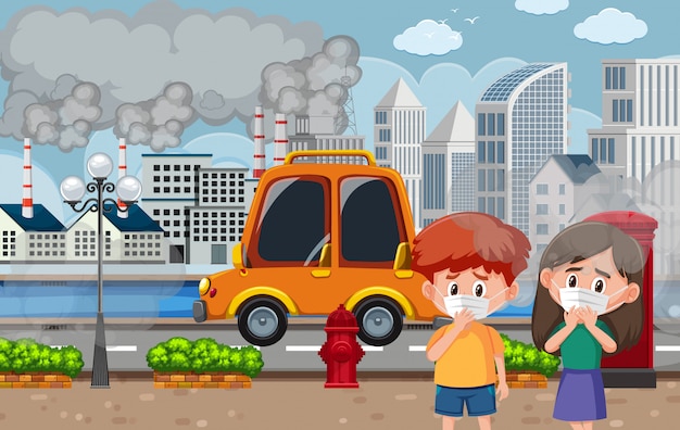 Vibrant City Scene with Cartoon Characters and Pollution | Jiffy Designs