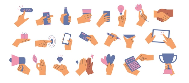 Diverse Hands Gestures and Actions in Vibrant Illustration Collection ...