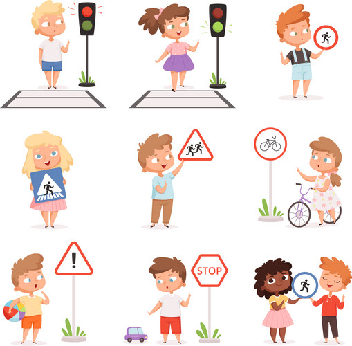 Traffic Road Education. School Kids Learning Safety Crossroad Walking ...