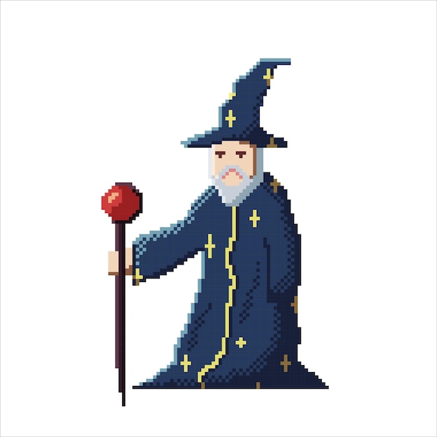 Mystical Wizard in Pixel Art with Glowing Wand | Jiffy Designs