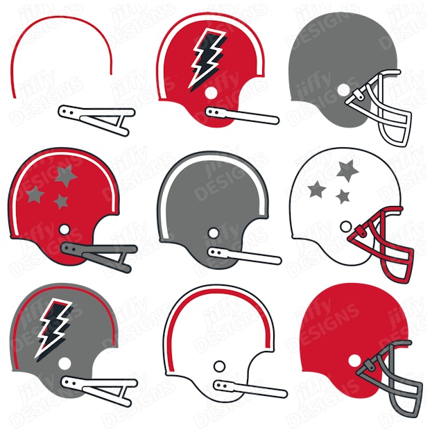 Retro Football Helmets Featuring Lightning Bolts and Stars in Red