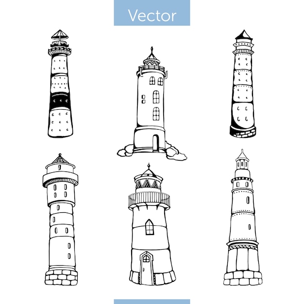 Illustrated Collection of Vintage Lighthouses in Varied Architectural ...
