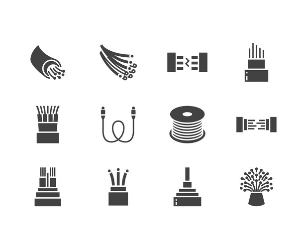 Optical Fiber Flat Glyph Icons. Network Connection, Computer Wire ...