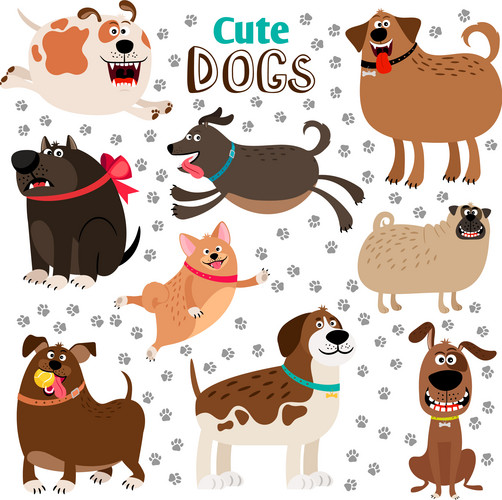 Collection Of Cute Cartoon Dogs And Dogsfootprints On Whote Background ...