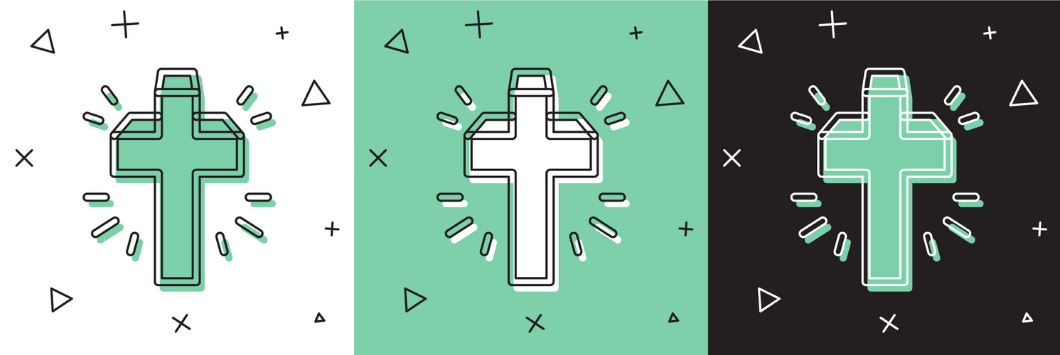Set Christian Cross Icon Isolated On White And Green, Black Background ...