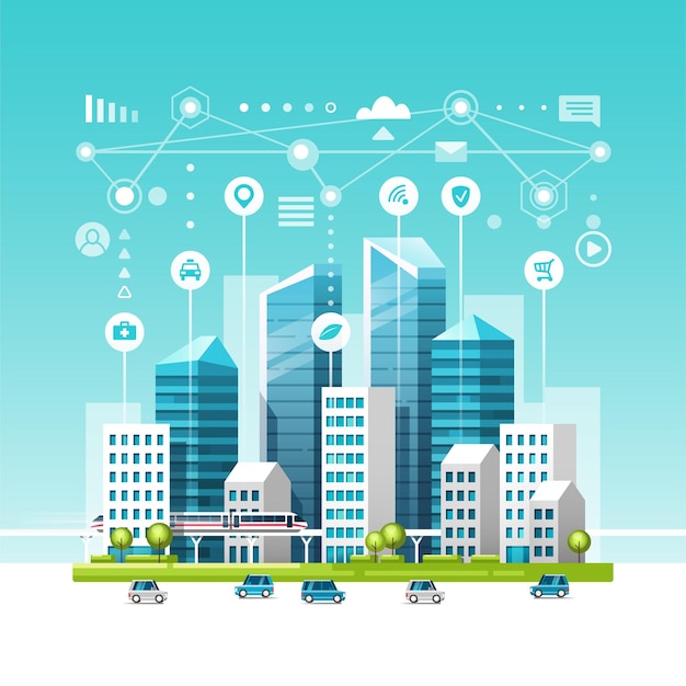 Futuristic Cityscape with Interconnected Digital Devices and Icons ...