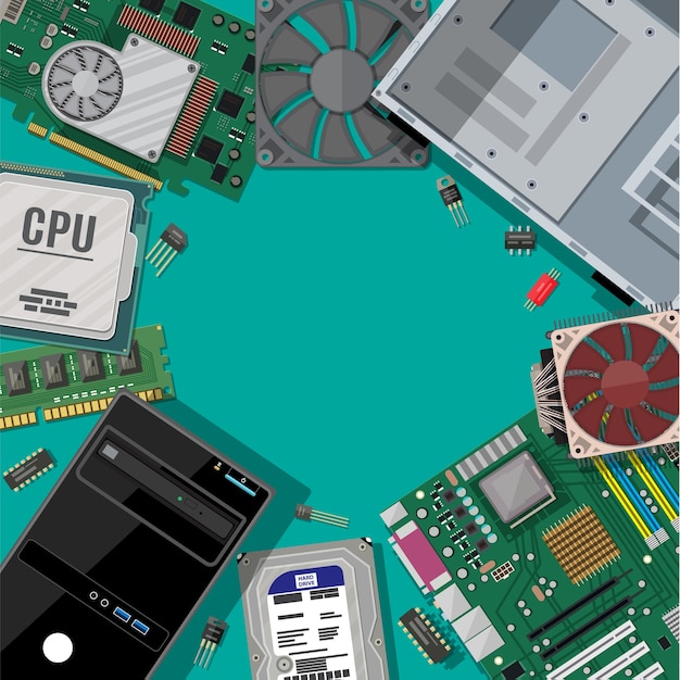 Vibrant Computer Hardware Components on Teal Background | Jiffy Designs