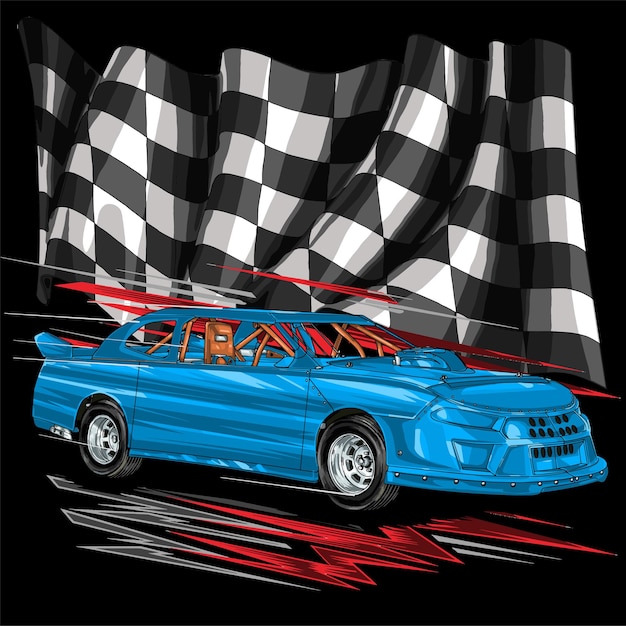 Speeding Blue Muscle Car Racing Past Checkered Flag | Jiffy Designs