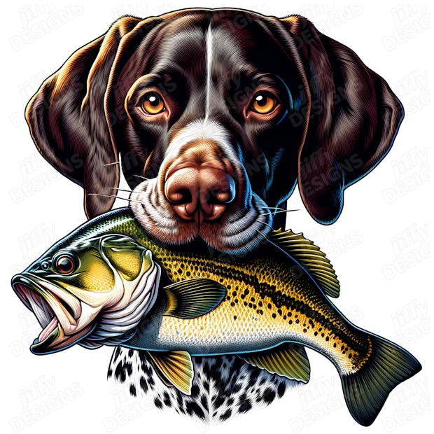 Pointer Dog with Bass Fish Vibrant Photorealistic Animal Portrait ...