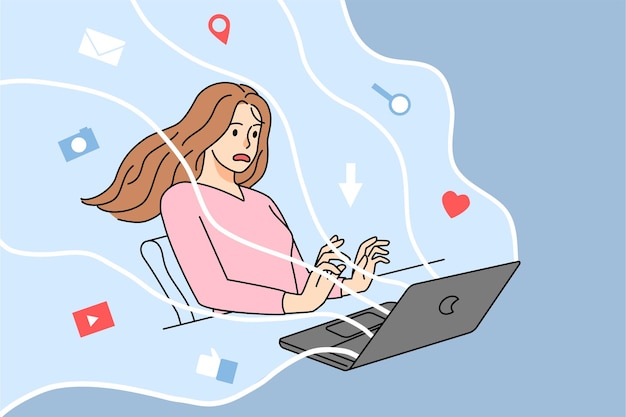 Cheerful Woman Typing on Laptop Amid Digital Symbols | Jiffy Designs