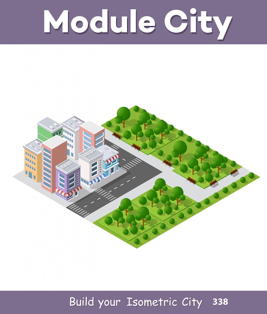 Isometric Module City with Buildings, Trees and Roads Illustration ...