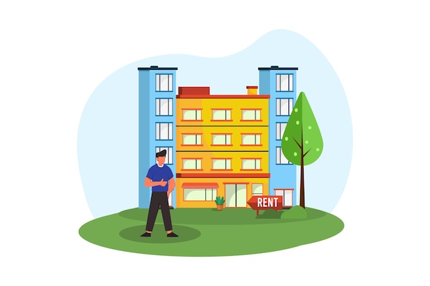 Colorful Apartment Building with Smiling Landlord Renting Out Units ...