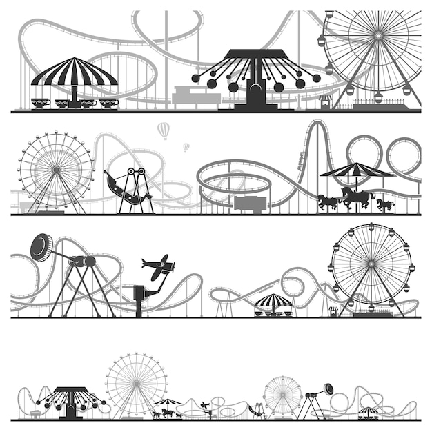 Amusement Park Rides and Attractions Line Art Illustrations Collection ...