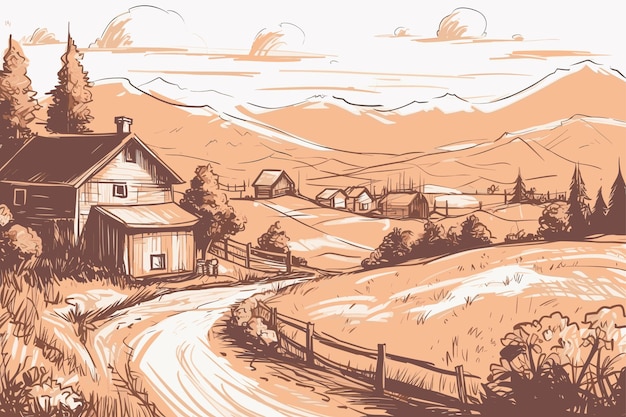 Serene Countryside Landscape with Rustic Farmhouses and Rolling Hills ...