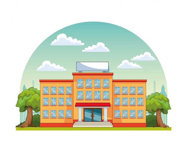 Vibrant School Building Illustration with Trees and Clouds | Jiffy Designs