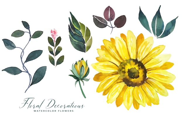 Vibrant Sunflower and Botanical Leaves Watercolor Illustration ...