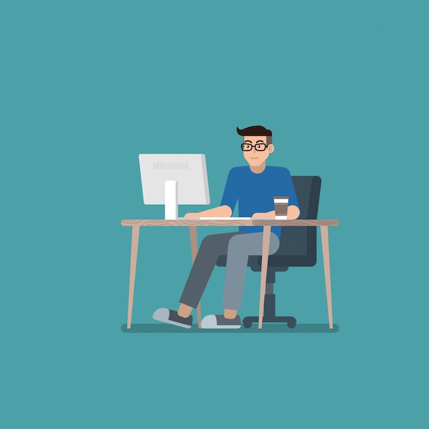 Cartoon Man Working on Computer at Desk Illustration | Jiffy Designs