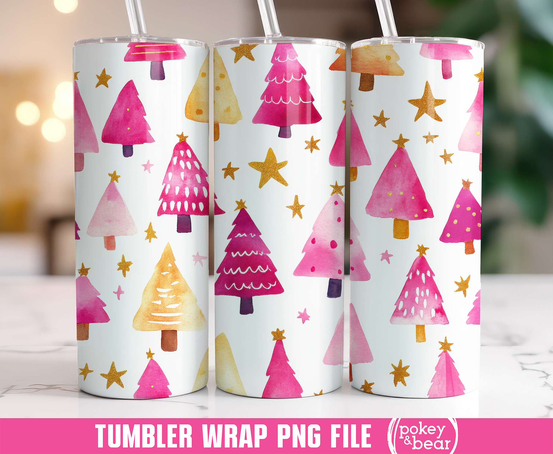 Festive Forest Whimsy Featuring Vibrant Pink and Gold Christmas Trees