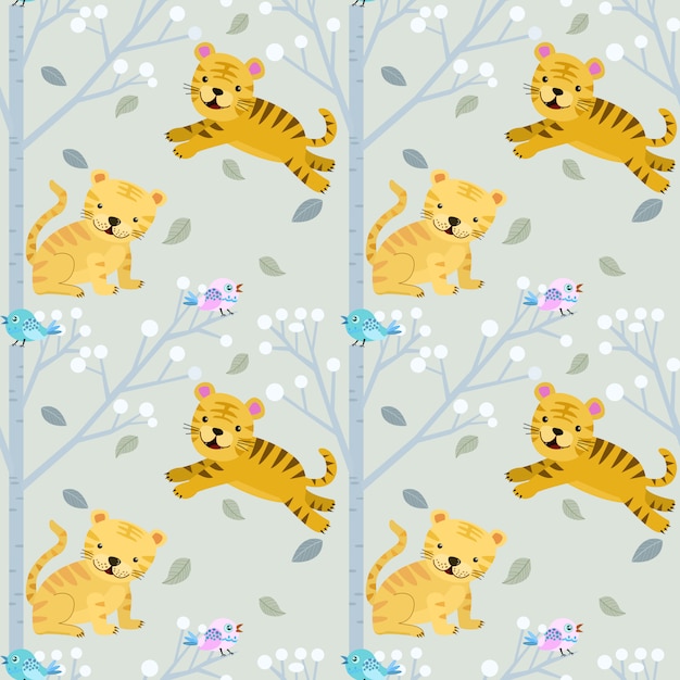 Playful Tiger Cub Pattern with Nature Elements | Jiffy Designs