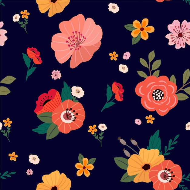 Vibrant Floral Pattern with Bold Blooms on Dark Background | Jiffy Designs