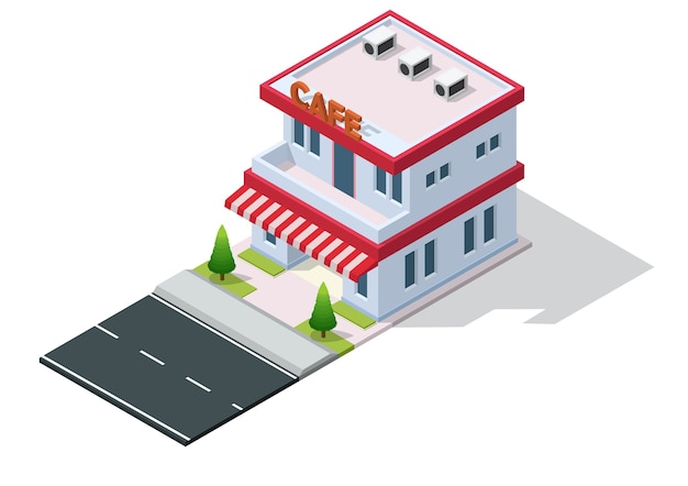 Charming Isometric Cafe Building with Striped Awning | Jiffy Designs