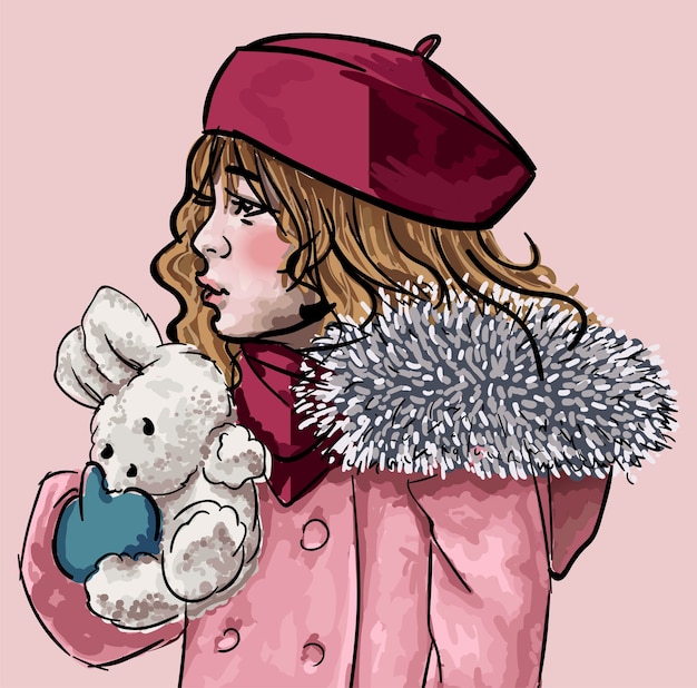 Charming Girl in Pink Beret Holding Fluffy Rabbit | Jiffy Designs