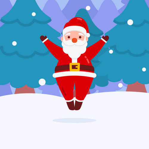 Christmas Santa Character Raised Up To Sky With Snow And Winter Forest ...