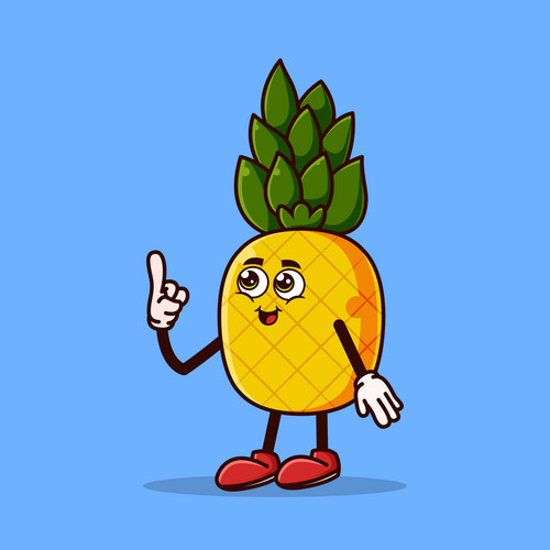 Cute Pineapple Character With Happy Face And Gesture Pointing Up. Fruit ...