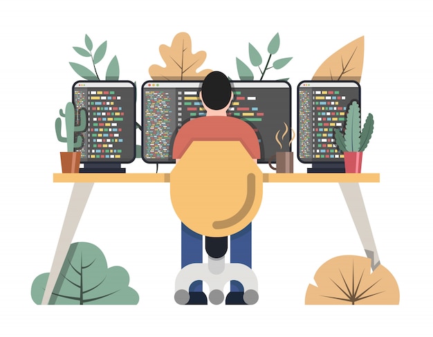 Programmer at Work Surrounded by Coding Screens and Nature | Jiffy Designs