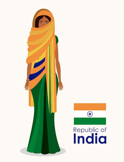 Indian Woman in Traditional Attire with National Flag Illustration ...