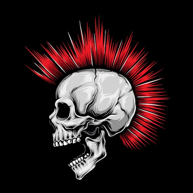 Punk Rock Skull with Fiery Mohawk in Edgy Illustration | Jiffy Designs